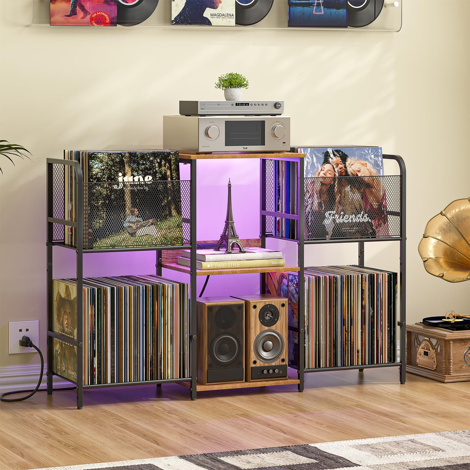 Turntable Stand with Power Outlets LED Lights and Storage