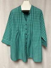 Blouse Top Cotton Breathable Teal Gingham Check Tucks Button Front Flowy Top