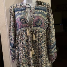 R VIVIMOS Size S (4-6) Blue White Floral Long Sleeve Boho Tassel Tie Midi Dress