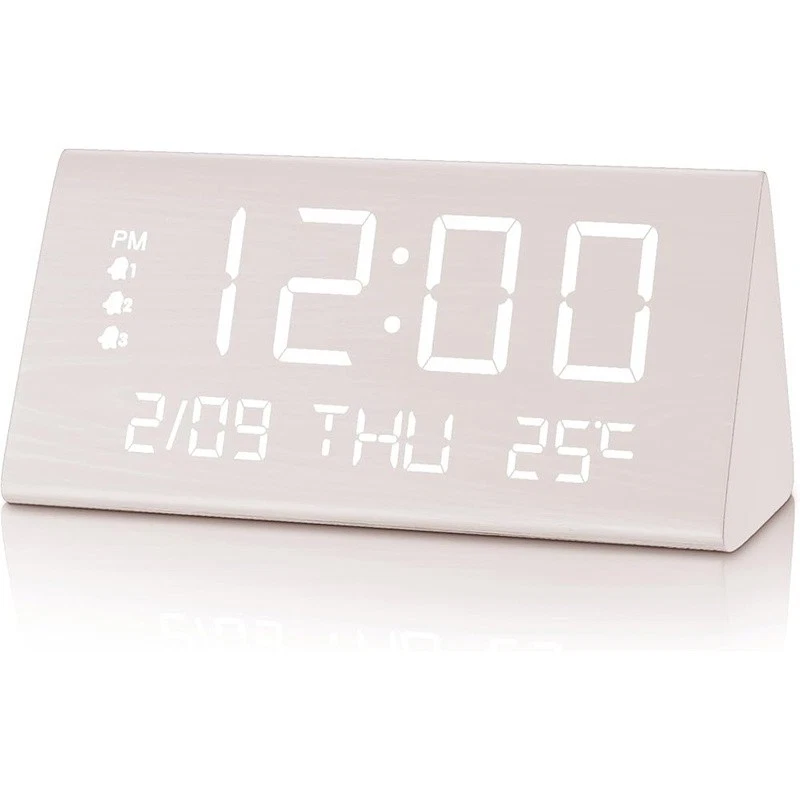 Reloj Despertador Digital 3 Alarmas Reposo Brillo Ajustable Elegante Diseño Madera EE. UU. Foto 2 de 4