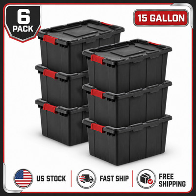Sterilite 15 Gal Industrial Stackable Storage Totes Latching Lids 6 Pack