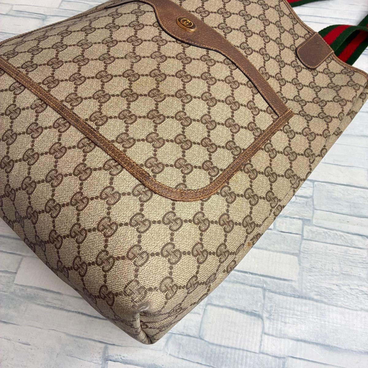 GUCCI GG Tote Bag Beige PVC Green Red Web Vintage Style Japan F/S USED thumbnail 22