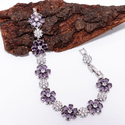 Purple Amethyst, CZ 925 Sterling Silver Adjustable Bracelet 7-8'' B132632