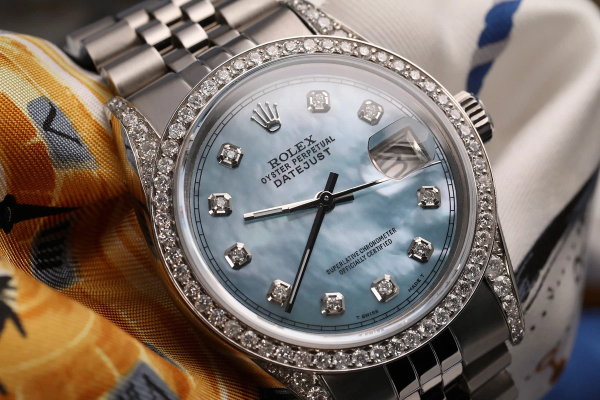 36 Rolex Datejust Baby Blue Mother Of Pearl Diamond Dial Stainless