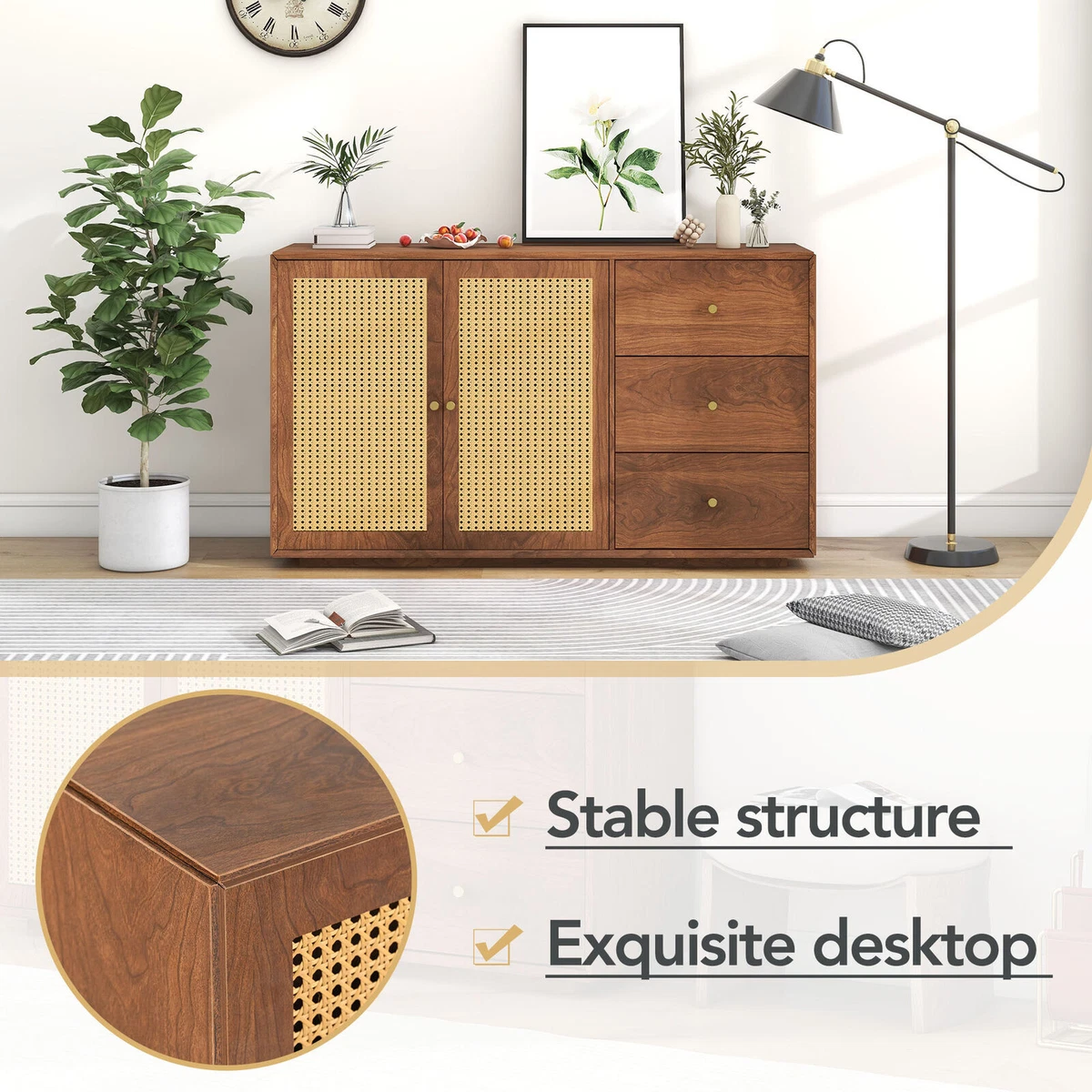Rattan Style Furniture Storage Cabinet Cupboard Sideboard With 2 Door 3 Drawer