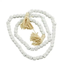 White Handmade Mango Wood Hexagon Carved Geometric Long Beaded Garland with Tass