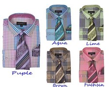 Men's Checks Shirt With Tie and Hanky, 60 Cotton 40 Poly Standard Cuff AH 627