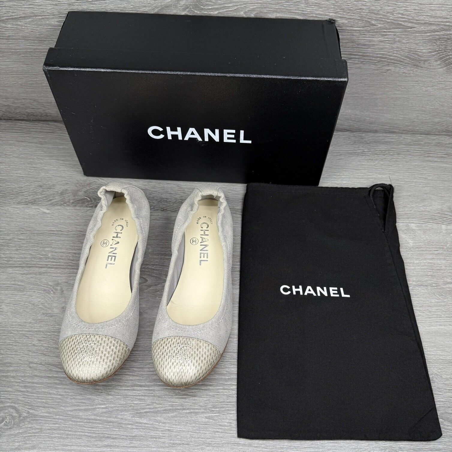 Chanel Ballet Flats 36.5 Grey Washed Canvas Snakeskin Cc Cap Toe Box & Dust Bag