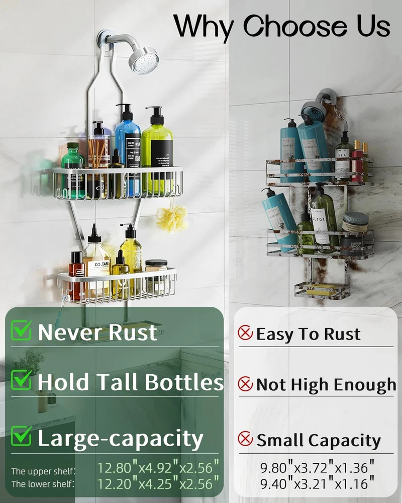 Shower Caddy Hanging Bathroom Organizer over Head Long Rack for Tall Showerhead