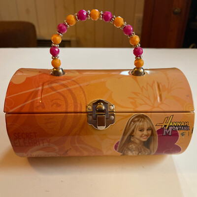 Hannah Montana Tin Purse Box with Latch Container Beaded Handle Peach