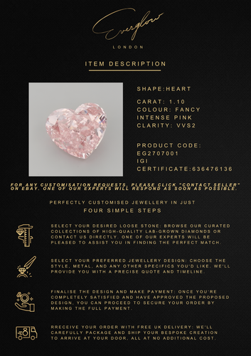 1.1ct Fancy Intense Pink VVS2/EX/EX Heart Lab-grown Loose Diamond IGI Certified - Picture 2 of 5
