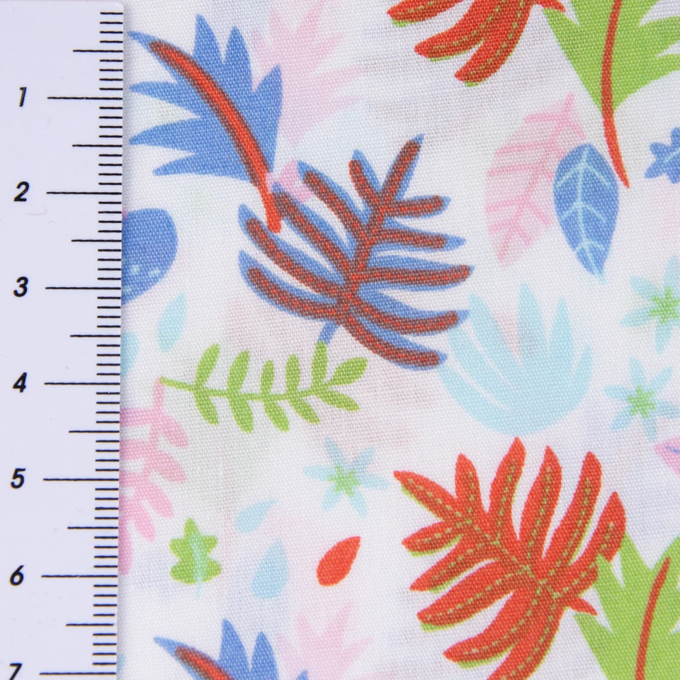 Baumwollstoff Palmenblätter Herbstblätter weiß blau grün orange rosa 1,4m Breite - Bild 3 von 4