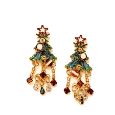 Statement Vtg Lunch At The Ritz  Enameled Christmas Tree w/ Crystals - Earrings