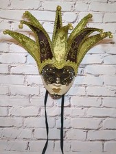Mardi Gras Large Jester Joker Crackle Venetian Masquerade Mask Brown  Gold