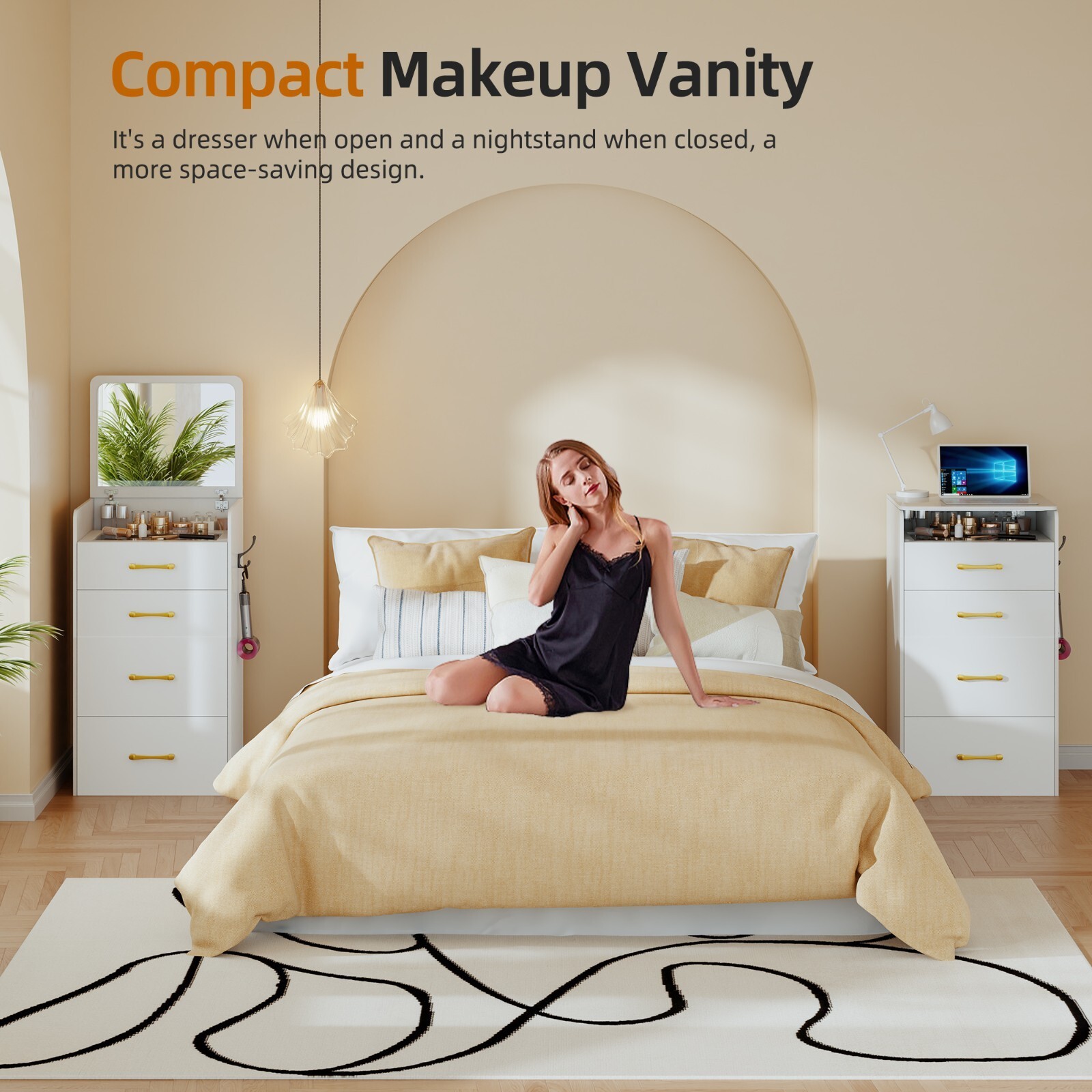 3 in 1 Vanity Desk with Flip Top Mirror, Makeup Table with Glass Top & 3 Drawers