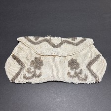 Vintage Antique Beaded Cream Brown Beaded 7.5" Purse Hand Made Belgium Art Deco