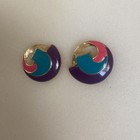 Gold Tone Pink Turquoise Purple Enamel Swirl Stud Earrings Statement 80s E15 — photo 4
