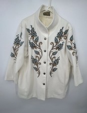 Bob Mackie Wearable Art Fleece Jacket Buttoned Sz XL Ivory Floral Embroidered