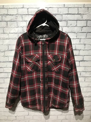 Stone Mountain, Men L, Red Plaid Flannel Zip-Up Long Sleeve Hooded Jacket