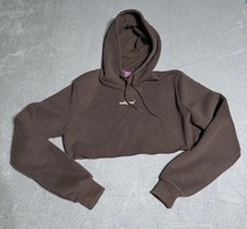 Edikted Hoodie Womens XS Brown Cropped Logo Print Skater Pullover Streetwear