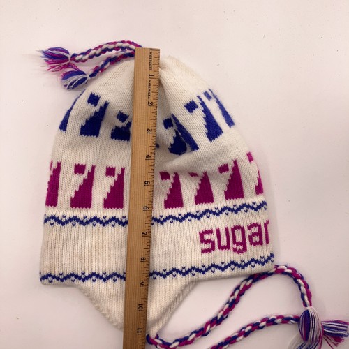 Retro Sugarloaf Maine Ski Winter Knit Hat White with Pink Blue - Picture 7 of 7
