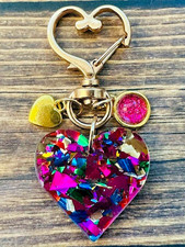 Valentine Confetti Heart Gold Glitter Swivel Key Chain Backpack Tag Purse Charms