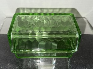 VTG Uranium Glass Green Butter Covered Dish & Bottom 1 Pound Butter Holder