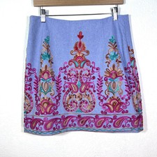 Entro Skirt Women's Size Large Blue Chambray Colorful Embroidered Mini Lined