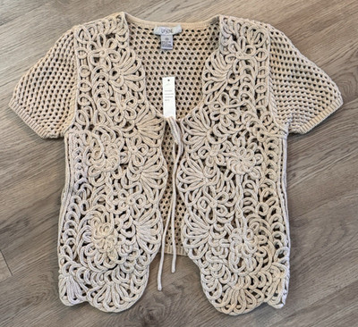 NWT LA SEINE 100% Cotton Ribbon Crochet Cardigan Vintage Y2K 2000s Sweater M