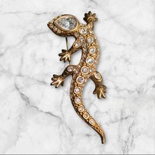 Swarovski Brand Swan Signed Clear Crystal Lizard Gecko Gold Tone Brooch Pin