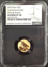 2026 REVERSE PF70 2g $2 NIUE .999 FINE GOLD *TYRANNOSAURUS REX HOLDING SWORD*#1