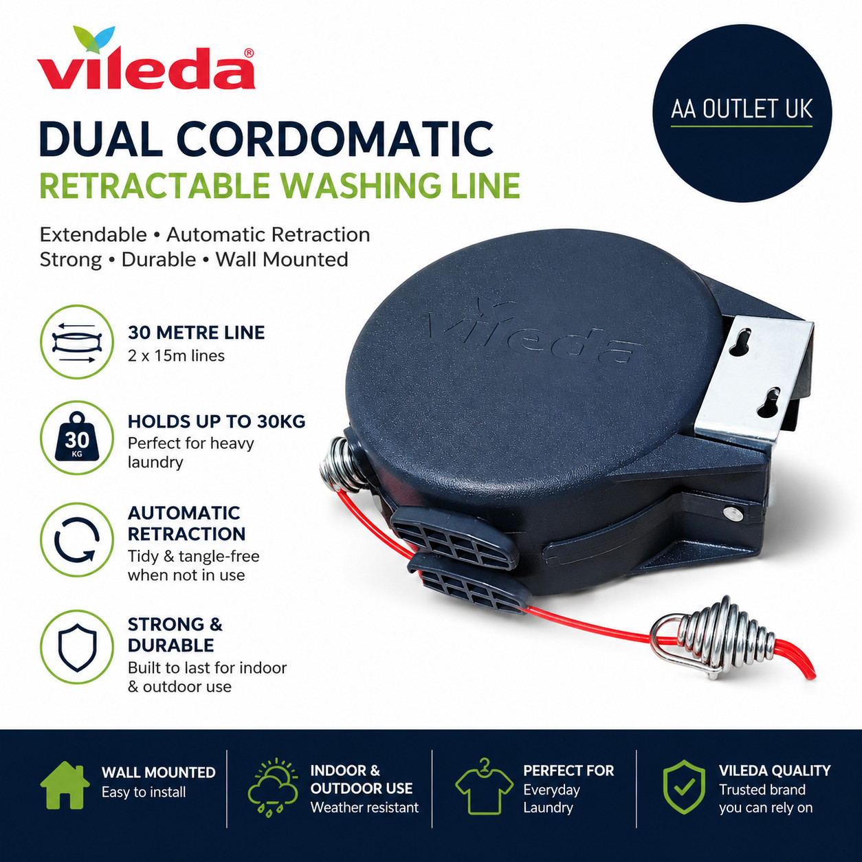 Vileda Dual Cordomatic Retractable Washing Line 30m 2x15m Clothes Holds 30kg