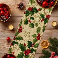 Christmas Table Runner Holly Berry Kitchen Dining Table Decor, Xmas Table Run...