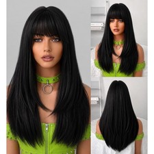 Cosplay Wigs With Bangs Soft Layered Long Straight Black Synthetic Hair
