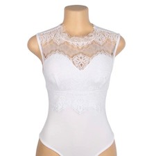 Unbranded Lace Bodysuit Women Medium White Sheer Mesh Padded Floral Elegant