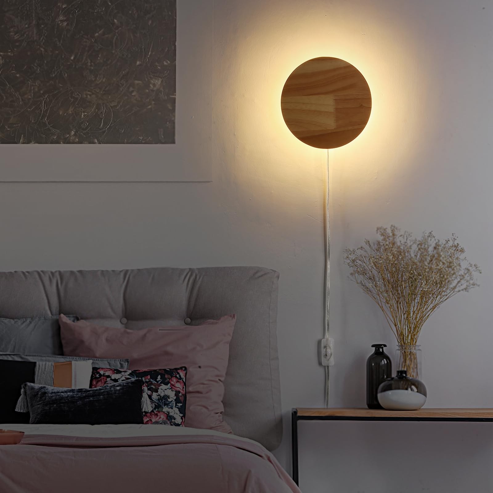 Modern Minimalist Plug in Wall Sconces, Plug-in Or Cordless 11.8'' Round Wood...