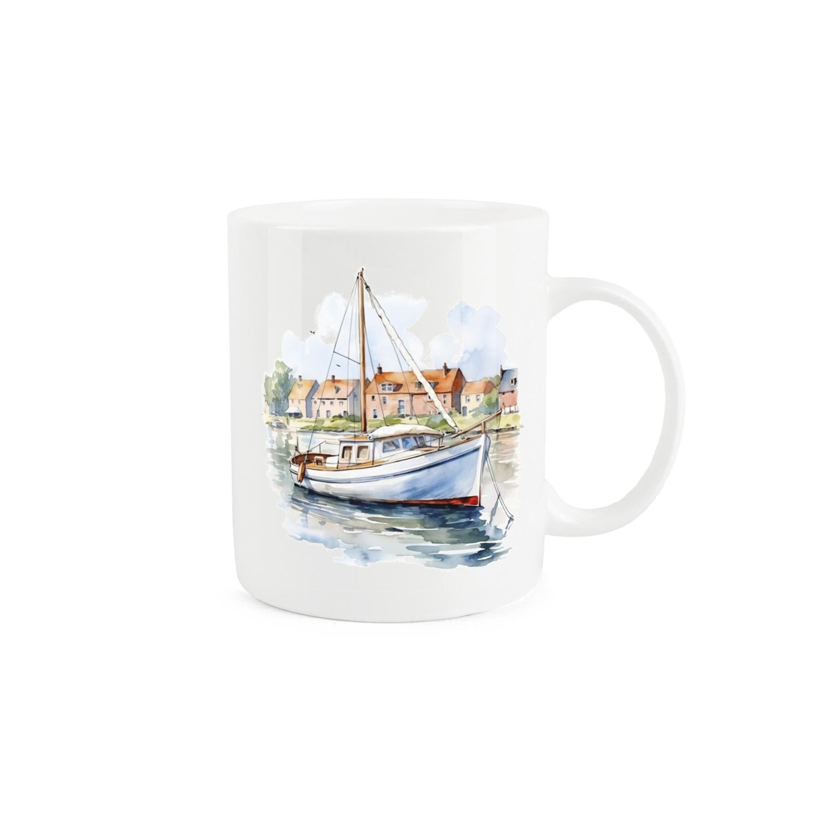 Vintage Sailboat Mug - Watercolour Village River Tea/Coffee Bone China Cup Gift