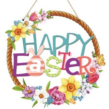 Wooden Easter Door Decroation for Front Door, Happy Easter Bunny Egg Wreath H...
