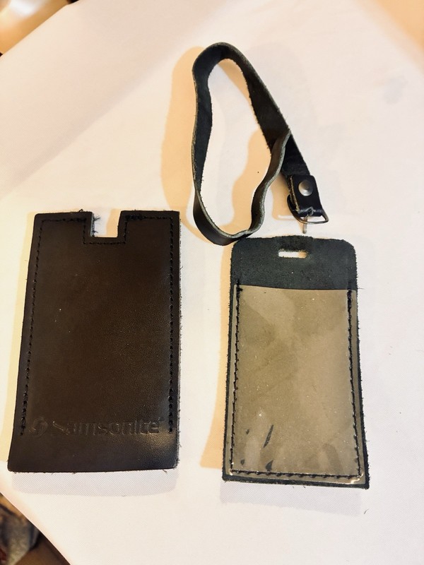 Samsonite Black Leather Luggage Tag with Strap and ID Window Insert