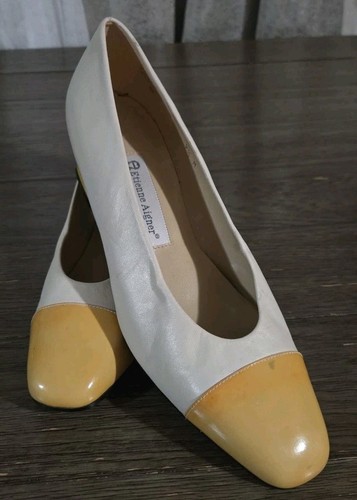 Vintage Etienne Aigner Two-Tone Cream Yellow Leather Cap Toe Pumps Spain Size 9½