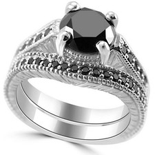 3 Ct Round Black Onyx Lab Created Matching Bridal Ring Set 14K White Gold Plated