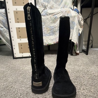 UGG Women s Black Suede Knee-High Winter Boots Zip Lined Faux Fur, Logo