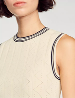 Sandro Paris Damen Stricktop Ecru ÄRmellos Kurz Gr 34 Xs SFPPU01945 Crop Top