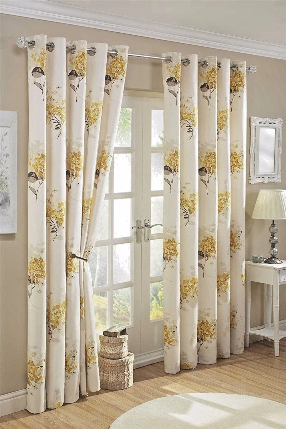ASTON YELLOW GOLD FLORAL CREAM 66 x 54 READY MADE EYELET FULLY LINED CURTAINS