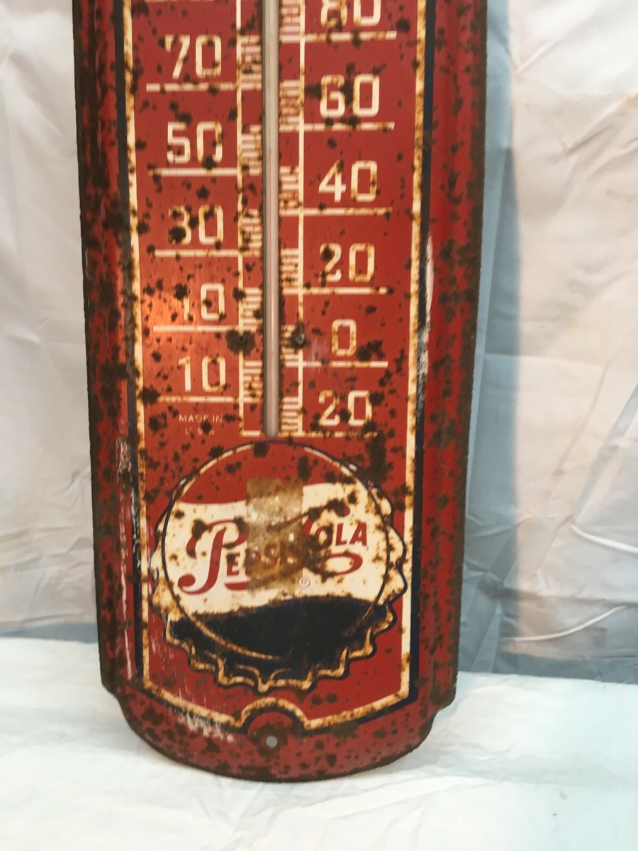 Vtg LARGE PEPSI COLA Soda Metal Tin Sign Thermometer 27” X 8