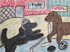 ACEO FLAT COATED RETRIEVER Playing HOCKEY 2.5 x 3.5 Dog ART Print Artist KSams