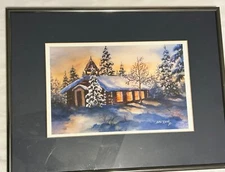 Alaska Artist Jean Rene Print Log Cabin Trees Snow Winter Framed 16.5” x 12.5”