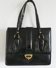 Vintage '50s Leather Bag Black Double Handle Hardware Trim Size 9x7x4