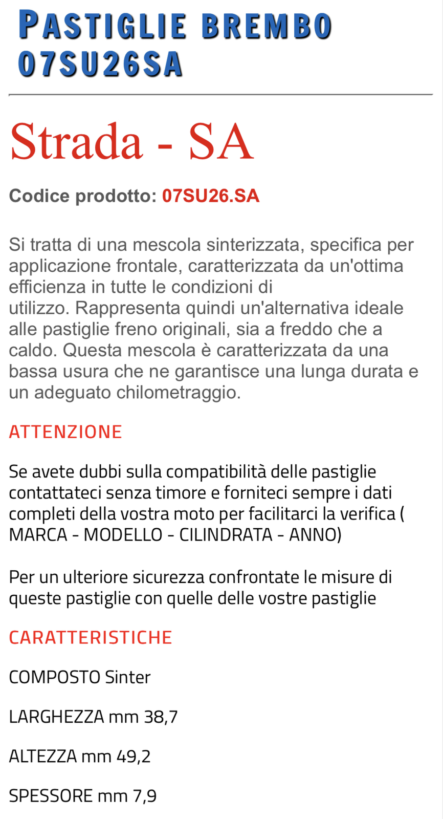 07SU26SA Brake Pads Brembo Sinter Front Kawasaki ZX10R 1000 2004>2007