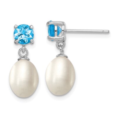 20mm Blue Topaz & 7-8mm Freshwater Cultured Pearl Teardrop Dangle Earrings